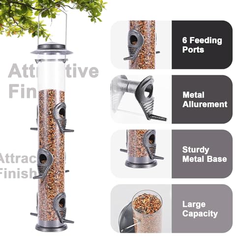 2PK Metal Bird Feeders with 6 Feeding Ports,Tube Bird Feeder with Steel Hanger,Hard Plastic Wild Bird Feeder for Outdoors Hanging, Attracting Birds in Your Lawn, Garden, Balcony (Grey) - color: Grey 2 PACK