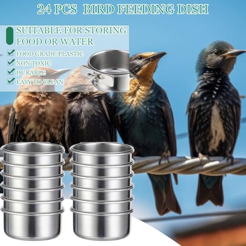 24 Pcs Stainless Steel Parrot Food Bowls Bulk 10 oz Bird Feeding Dish Cups for Cages Bird Bowls with Clamp Pet Water Feeders Cage Accessories for Parakeet Parrot Budgie Rabbit Chicken