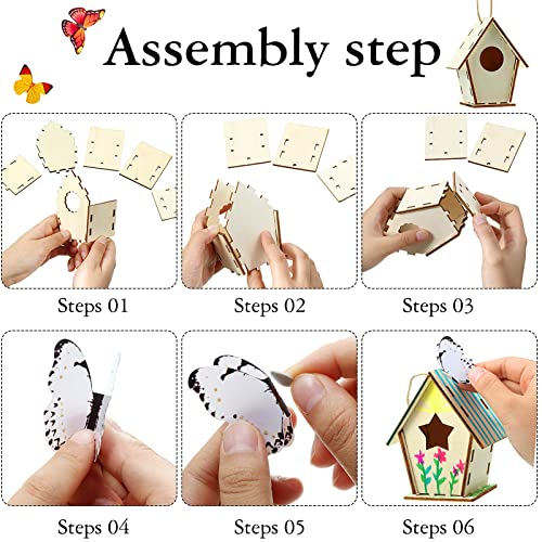 Outus 24 Pcs Wooden DIY Birdhouse Kits for Kids to Build, 4 Shapes Birdhouse Kit Wooden Unfinished with Butterfly Sticker for Boy Girl Arts Crafts(Vintage) - style: Vintage