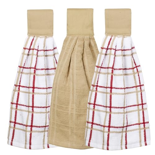 Ritz Premium 100% Cotton Solid and Multi Check Kitchen Tie Towel Absorbent, Super Soft, and Fast Drying Hang Towel, Set of Three, Biscotti - color: Biscotti, size: Solid & Multi Check - 3 Piece
