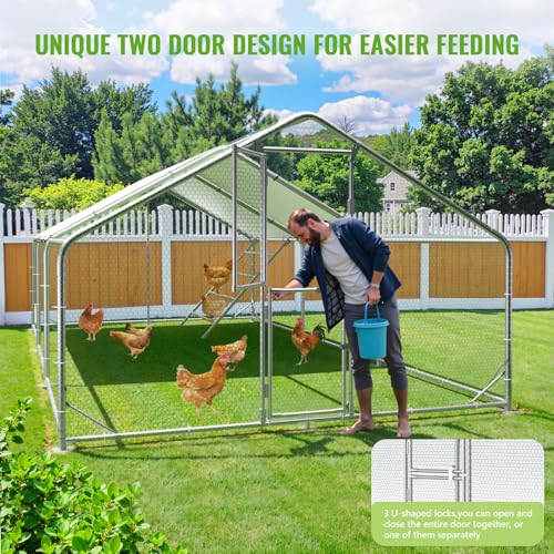 Large Metal Chicken Coop Runs for Yard with Cover, 10x20x6.5 | Perch Bars, Split Doors, Waterproof Covers, Mesh Wire - color: Spire Top, size: 236.2"L x 118.1"W x 78.7"H