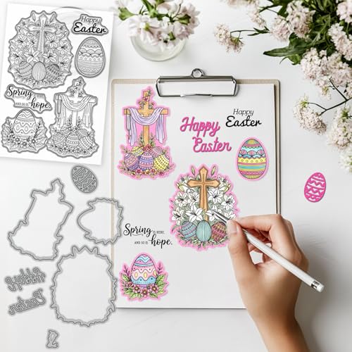 GLOBLELAND Easter Crosses Clear Stamps and Metal Die Cuts Easter Eggs Transparent Stamp Spring Flowers Cutting Dies for Card Making Embossing Scrapbooking - style: Easter Crosses