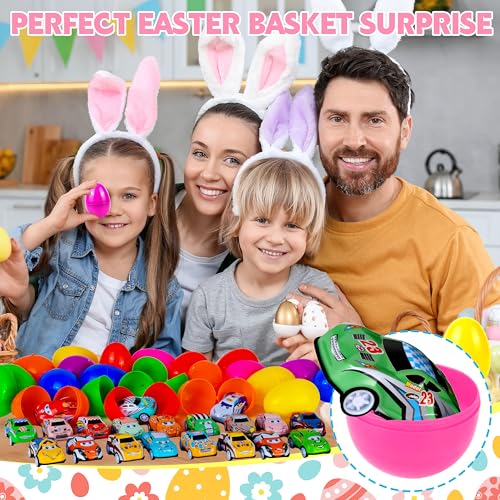 Seifar 48 Pack Prefilled Easter Eggs Filled with Pull Back Cars, Eggs with Racing Vehicle Inside, Easter Hunt Basket Stuffers Party Favors Classroom Prizes Gift for Kids Girls Boys - style: cartoon