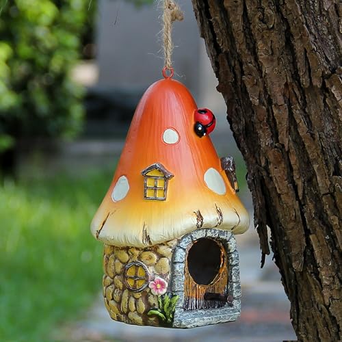 Bird Houses for Outside, Hanging Birdhouse for Outdoor Garden, Patio, Yard | Hand-Painted Resin Mushroom BirdHouses for Outdoor,BirdHouse with Pole for Bluebirds,Finches,Cardinals for Nesting in Gardens