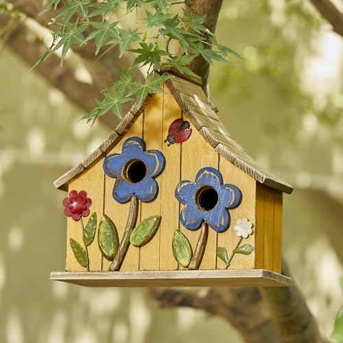 Glitzhome Bird Houses for Outside, 10.75" L Distressed Solid Wood Hanging Birdhouse with 3D Flowers Rustic Two-Story Townhouse Hand-Painted Garden Bird Houses for Outdoors,Washed Yellow - color: 10.75"L 3D Flowers Washed Yellow