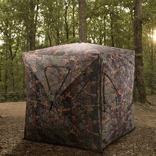 Tangkula 3 Person Pop up Ground Blind, Portable Hunting Blind with Mesh Windows, Carrying Bag & Ground Stakes, Camouflage Hunting Tent with Hub System, Camo Deer Blinds for Hunting - style: Inverted window