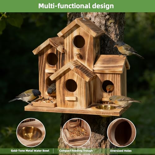 Bird House 5 Hole Bird Houses for Outside with Thickened Wooden Board，Birdhouse for Blue Bird Humming Bird and Chickadee Swallow. Hanging Edible Wild Bird Nest Garden Decorative
