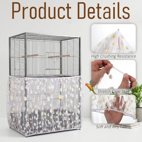 Bird Cage Seed Catcher Net Cover, Bird Cage Net, Mesh Parrot Cage Skirt Guard for Parrot Cockatiel Budgie Fits Round Square Cages(Daisy-White, 59''-87"X15.7")