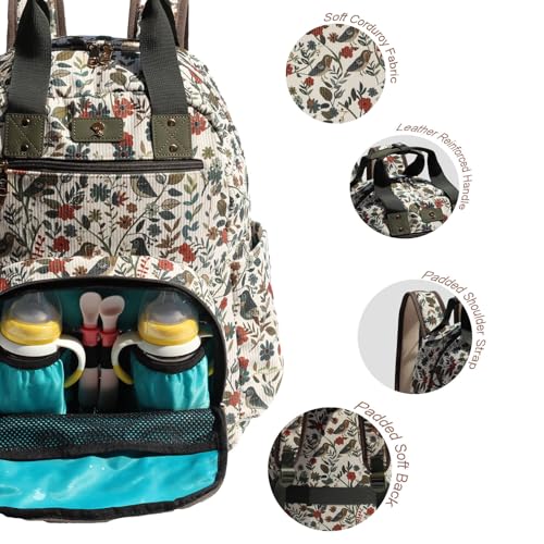 Diaper Bag Backpack Corduroy Multifunction Baby Fashion Travel Pack office Laptop Bag - color: Leaf Bird