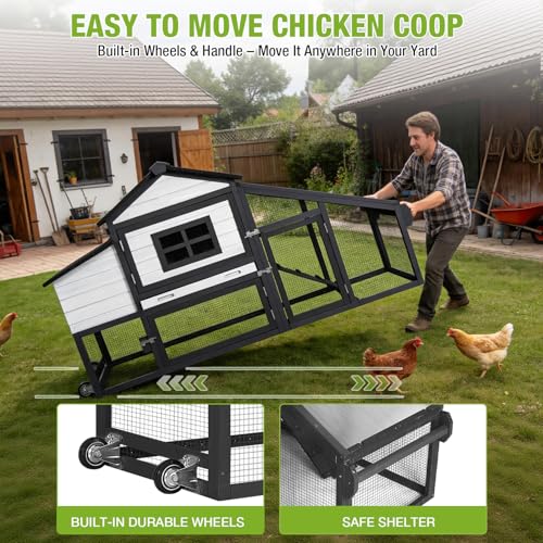 GUTINNEEN Chicken Coop with Wheels,Outdoor Hen House with Waterproof Asphalt Roof, Wooden Poultry Enclosure with Easy-Clean Slide-Out Tray,Poultry Cage with Nesting Boxes for Duck Rabbit Chicken-Black - size: 67.3"L x 26.0"W x 39.4"H