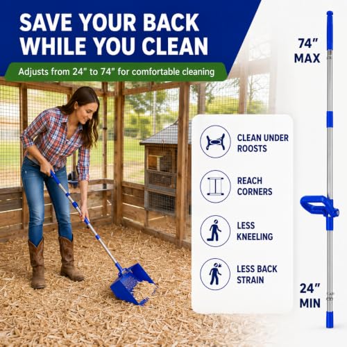 Chicken Poop Scooper with 74" Adjustable Handle – Heavy Duty Metal Chicken Coop Cleaner, 10.2" Wide Sifting Scoop with Built-in Rake & Hook for Sand, Pine Shavings & Manure