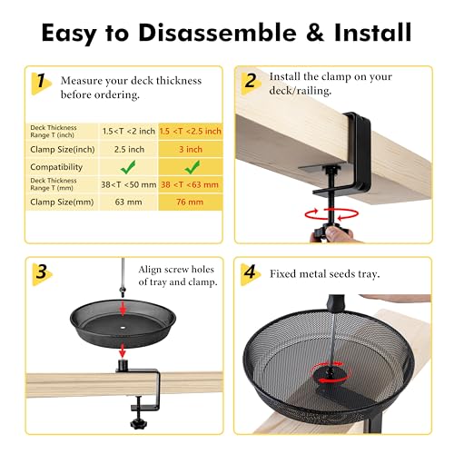 iBorn Deck Bird Feeders for Outdoors,Platform Bird Seed Tray with 5.5 lbs Capacity,Balcony Porch Railing Bird Feeder, Drainage Mesh Holes,Tilt-Proof, Windproof, Anti-Loosen, Easy to Refill&Clean,Black