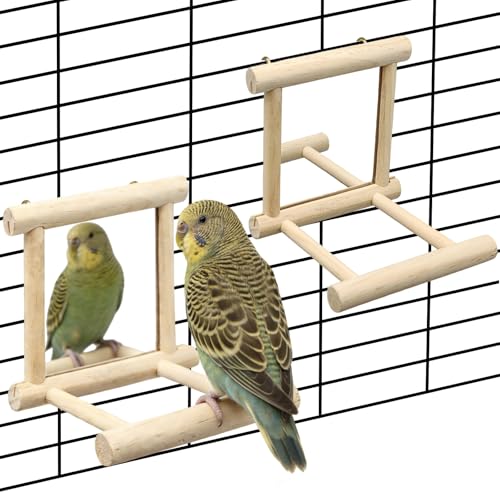 2Pcs Bird Mirror Parakeet Mirror Perch Stand Wooden Swing Mirror Toy Cage Accessories for Parrots Budgies Parakeets Cockatiels Lovebirds Finches - size: 2 Pcs