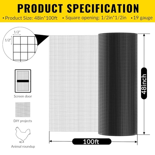 Hardware Cloth 1/2 inch 48 x 100 ft Heavy Duty Black Chicken Wire Fencing 19 Gauge Vinyl Coated Welded Wire Mesh Roll PVC Hardware Cloth Chicken Wire Fencing Garden Fence Tree Guard - color: Black, size: 48 x 100 1/2 inch