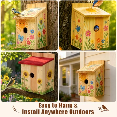 Bird House Kit, Large DIY Wooden Birdhouse Kits Including Paints and Brushes, Wooden DIY Bird House for Garden Yard Decor Gifts, Complete Crafting Kit