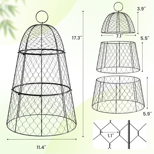 6 Pack Garden Cloche Plant Protectors from Animals, Adjustable 3-Tier Chicken Wire Plant Cages for Outdoor Plants, Stackable Metal Garden Cloches Keep Rabbits, Squirrels & Birds Away, 17.3" x 11.4" - size: 17.3" x 11.4"
