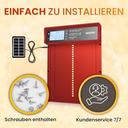 Okkobi Automatic Chicken Coop Door Solar Powered - LCD Display - Chicken Coop Door with Remote Control, Light Sensor & Timer - Security & Peace of Mind: Anti-Pinch Function - 5-Year Protection - Red - color: Red
