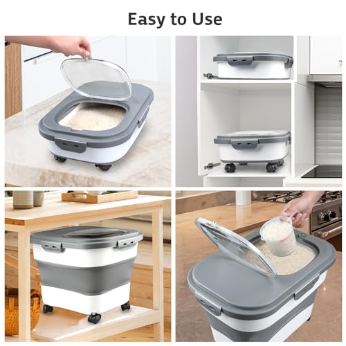 Rice Storage Containers, Collapsible 20 to 30Lbs Food Storage Bin Dispenser with Rolling Wheel and Clear Airtight Lid, BPA Free Flour, Sugar, Cereal and Dog Cat Pet food Containers - color: White