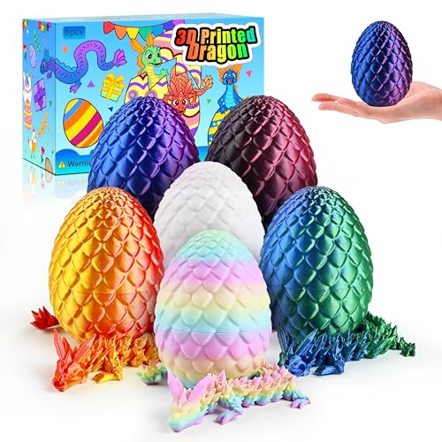 Impossmaker 8" 3D Printed Easter Dragon Eggs with 3D Printed Dragon Inside, Easter Basket Stuffers Mini Dragon Egg Set Articulated Crystal Dragon Fidget Toy for Adults Teens - style: 6P-S1