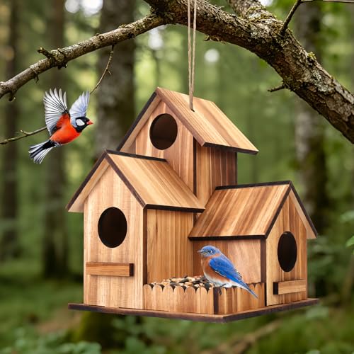 Bird Houses for Outside, 3-Hole Large Wooden Birdhouse for Bluebirds Finches Cardinal Hummingbird, Bird House for Outdoors Hanging Bird House Clearance Garden Courtyard Decor