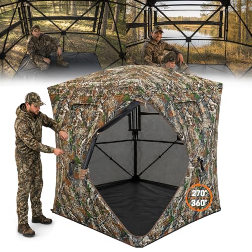 Hunting Blind See Through, Pop Up Ground Deer Blind, Large Door | 270/288/360 Degree See Thru, 1/2/3/4 Person Hunting Camouflage Tent, With/Without floor, Swing/Diamond/Horizontal Door Design - size: 3-4 Person, style: 270°&360°/Diamond Door/With Floor