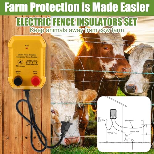 Electric Fence Charger Set 2 Mile 110VAC 0.15 Joule Electric Plug in Fence to Contain Chickens Pet Poultry 50 Black Insulator and 1 Socket Tool 250ft Aluminum Wire for Garden Pond Protection - style: 0.15 Joule