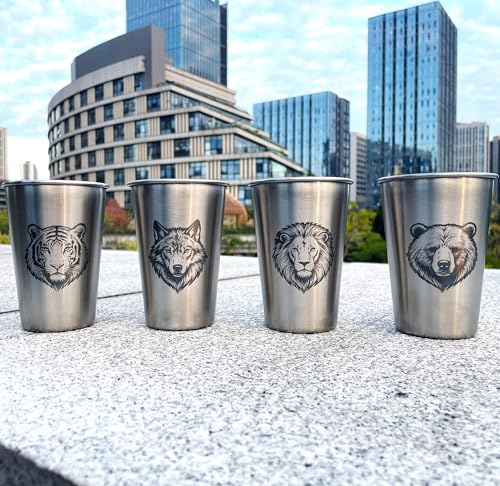 4 Pack 16oz Conical Stainless Steel Cups - Laser Engraved Animals, Stackable Durable Metal Cold Drink Cups for Parties & Outdoor Events (Bear/Lion/Tiger/Wolf) - color: Wild Animal 1