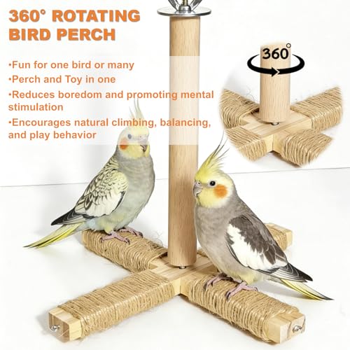 360° Rotating Bird Perch Stand - 4 Perches + 5 Natural Chew Strand, Natural Bird Cage Accessories, for Small & Medium Birds Parakeets Cockatiels Lovebirds Budgies - color: Natural