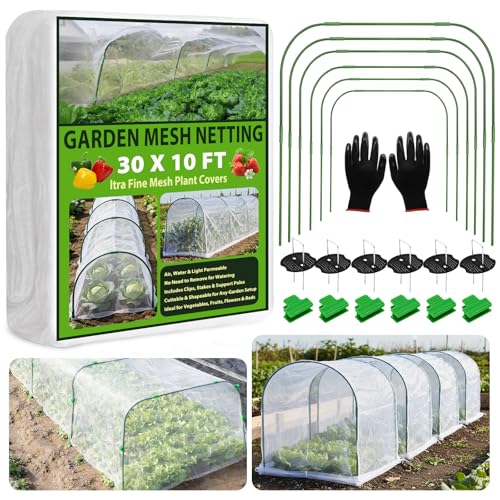 Garden Netting Kit 10×30 FT Ultra Fine Mesh Plant Protection Cover | with 6 Sets Garden Hoops & 36 Clips for Raised Beds, Physical Pest Barrier Netting for Vegetable Gardens & Row Covers