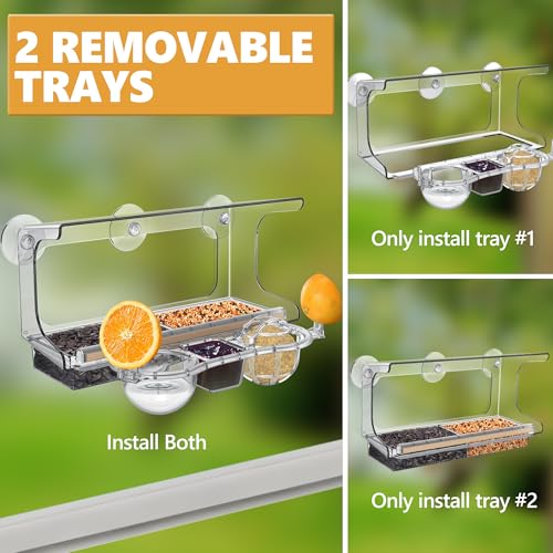LUJII 6-in-1 Window Bird Feeder with Strongest Suction Cups, All-in-one Feeder for Bird Seed, Suet Ball, Mealworm, Oriole Orange Fruit, Jam or Water, 2 Removable Trays for Easy Cleaning, Clear - color: Clear, size: L