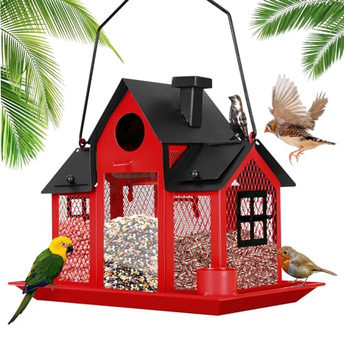 Solar Bird Feeders House for Outside Hanging, Metal Wild Bird Feeder for Outdoors Large Capacity Cardinal Birdfeeder Birdhouses Metal Bird Feeding Station Red - color: red