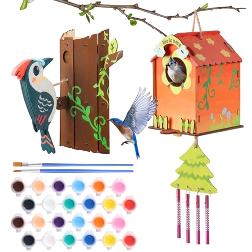 JMMICO Paint Your Own BirdHouses, Wooden Painting Crafts Kits for Kids, Wooden Woodpecker Doorbell & DIY Bird House for Outside, Arts and Crafts for Kids, Easter Gifts for 8-12 Year Old Girls Boys - size: 2PCS