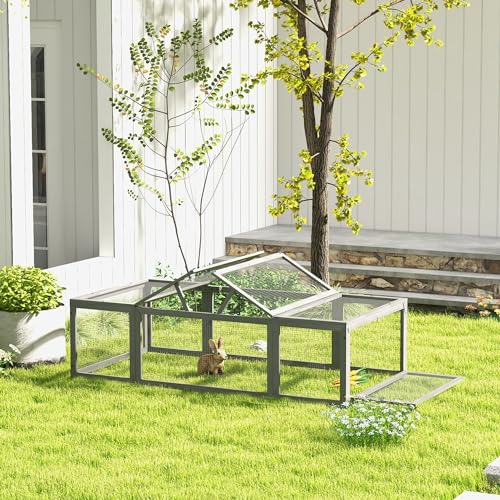 PawHut Large Wooden Rabbit Hutch Bunny Hutch Small Animal Habitat Enclosure Outdoor Run and Lockable Doors, Gray | Small Animal Habitat Enclosure Outdoor Run, Lockable Doors, for Chickens, Ducks - color: Grey