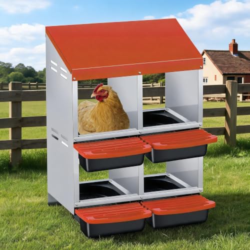 Garvee 4-Hole Rollaway Chicken Nesting Box for Hens –Chicken Nest Box with Removable Trays, Easy Egg Collection & Cleaning, Wall Mount or Freestanding, Sturdy Chicken Laying Boxes, Orange - color: Orange-4 Hole ＆ 2 Tire