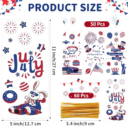 QOIUSO 50 Pcs 4th of July Cellophane Treat Bags - Patriotic Candy Goodie Bags with Gold Twist Ties - Clear Independence Day Party Favor Bags for Cookies, Snacks, Gift Packaging Supplies - color: 4th of July-50pcs