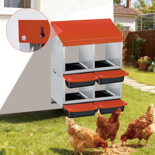  Chicken Nesting Box with Cleanable Pull Out Trays, 4 Hole Roll Away Nesting Box for Laying Hens, Wall Mount or Placed Design for Easy Egg Collection ﻿ - color: Orange, size: 4 Holes & 2-tier