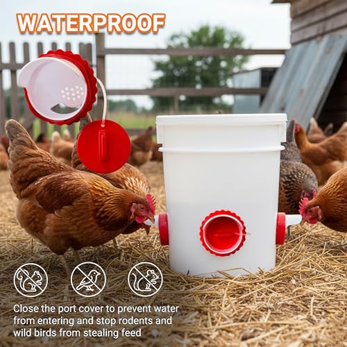 Chicken Feeder Port Kit 4 Pack, Cilkus DIY Automatic Poultry Feeder Cups for Buckets & Bins, No Waste Gravity Feed Chicken Feeder Ports with Covers for Hens, Ducks and Poultry (4-Pack) - size: 4-Pack