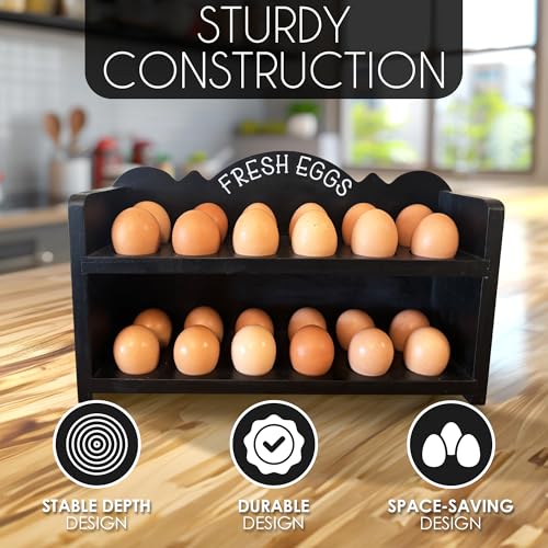 Black Premium Pine Wooden Egg Holder 2-Tier Durable 24-Egg Storage Solution Ideal for Modern and Rustic Kitchen Fresh Eggs