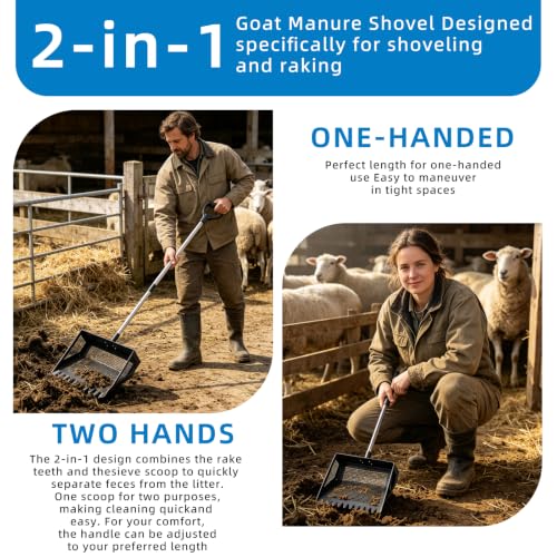 Goat Pooper Scooper & Manure Rake, Heavy Duty Metal Sifter Shovel with Adjustable Long Handle, Specially Designed for Goat Stall Cleaning, Farm Livestock Waste Pickup Tool with Gloves (40–71")