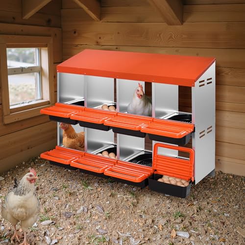VEVOR 2 Tiers Chicken Nesting Boxes, 8 Compartments, Metal Egg Laying Boxes with Protective Collection Lids, Roll Out Nesting Box, Easy to Assemble, Ideal for Hens, Ducks, Chickens, and Other Poultry - size: 41.7"L x 20.6"W x 31.4"H
