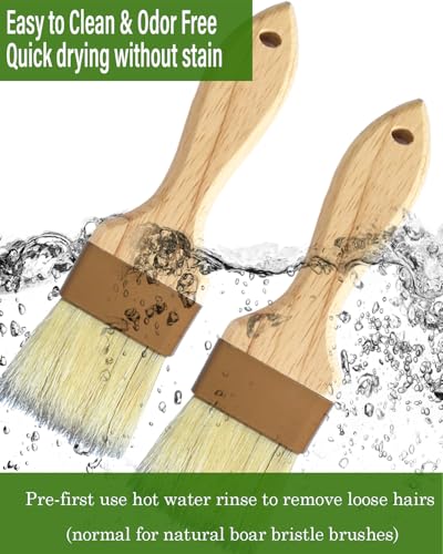 2 Inch Natural Boar Bristle Pastry Basting Brush Set - Wooden Handle Non-Shedding, Food Grade Cooking Brush for Butter, Egg Wash, Oil, Sauce, Baking (2 Pack)