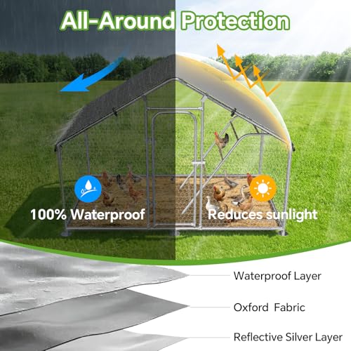 10 x 5 x 6.4 FT Metal Chicken Coop, Chicken Run with Cover | Walk-in Chicken Coop,Side Hardware Cloth,Waterproof Cover,Roosting Perch,Reinforced frame,Backyard & Farm Use - size: 59.9"L x 120.0"W x 78.0"H
