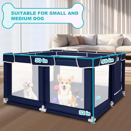 Dog Playpen 50 × 50 inch, Puppy Playpen with Bottom, 32 Inch Height Pet Playpen - color: Royal Blue, style: 50 Inch Dog Playpen without Top