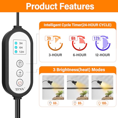 TFNN Reptile Heat Lamp, Heat Lamp with Clamp, UVA UVB Reptile Light with Intelligent Cycle Timer for Turtle, Bearded Dragon, Lizard and More, 2 Bulbs 50W+75W