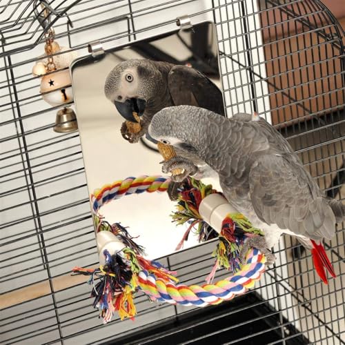 9" Bird Mirror for Cage, Large | Rope Perch, Bird Swing, For Parakeet Budgie African Grey Conure Cockatiel Lovebird Finch Canarie - size: Large