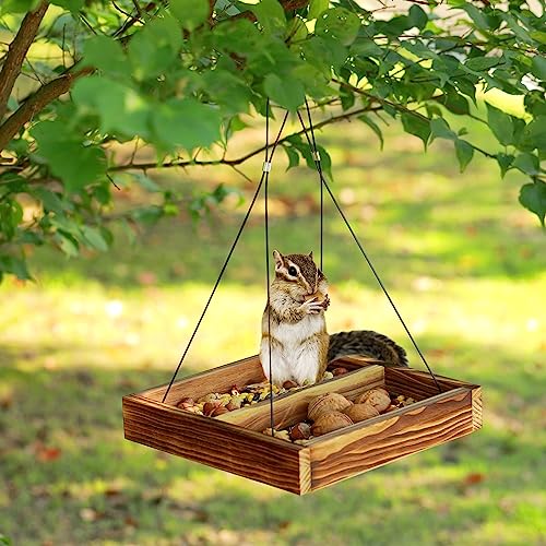 Bird Feeder Hanging Tray, Wooden Platform Hummingbird Feeder Mesh Seed Platform for Garden Yard Outside Decoration Attracting Wild Birds (Brown) - color: Brown