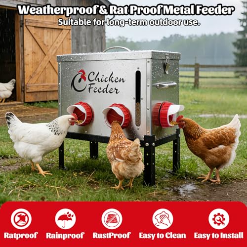 40LB Metal Chicken Feeder, Rat Proof Automatic Chicken Feeder with Visible Window & 6 Ports, Galvanized No Waste Poultry Feeder for Chickens, Ducks, Geese - size: 40 LBS