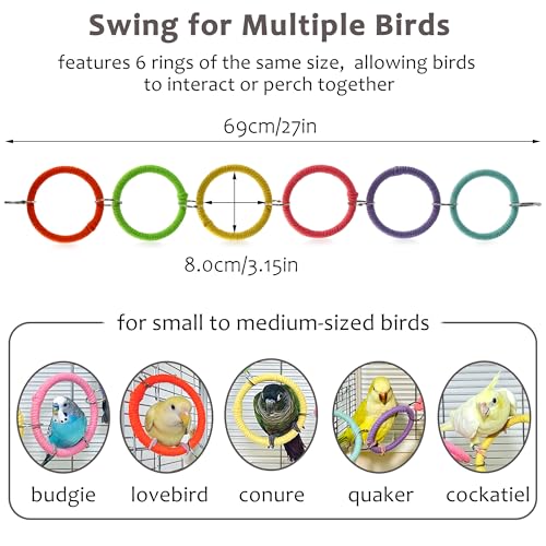 6-Ring Bird Swing Toy for Cage, DIY Cotton Rope for Parrot Soft Grip | Adjustable Colorful Perch, Hanging Parakeet Toys, Interactive Multi-Bird Swing and Climb for Budgies, Lovebirds, Cockatiels