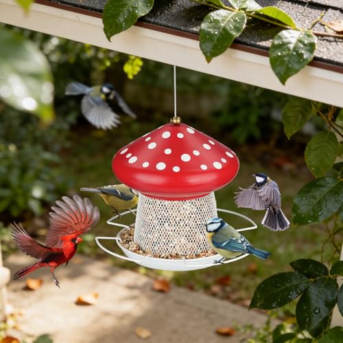 Bird Feeder, Heavy Duty Metal Bird Feeders for Outdoor Hanging | Wild Birdfeeder, 3LB Capacity, 4 Perches, Sturdy, Cute Mushroom Shape, For Outside Garden Yard - color: Red