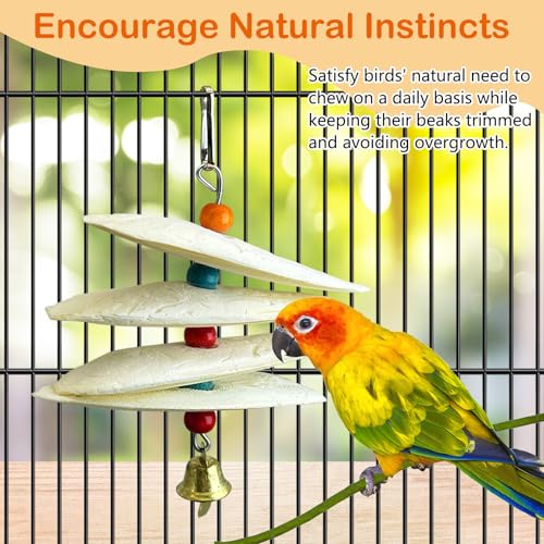 3 Pack Bird Chewing Toy Cuttlebone Parrot Toy with Bell Hanging Bird Beak Grinding Stone Parakeet Cage Accessories for Small Budgies Lovebirds Cockatiels (Flake, 4 Per Skewer) - size: 4 Flake-like